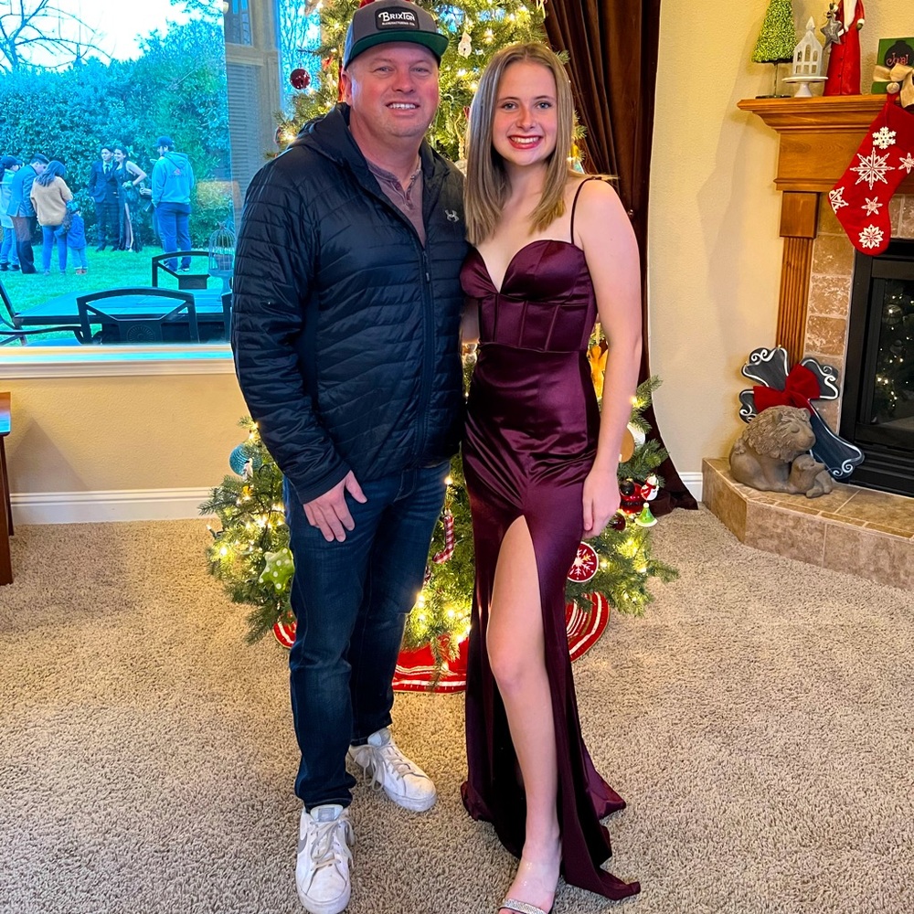 formal dress, worn once, high slit, Burgundy,